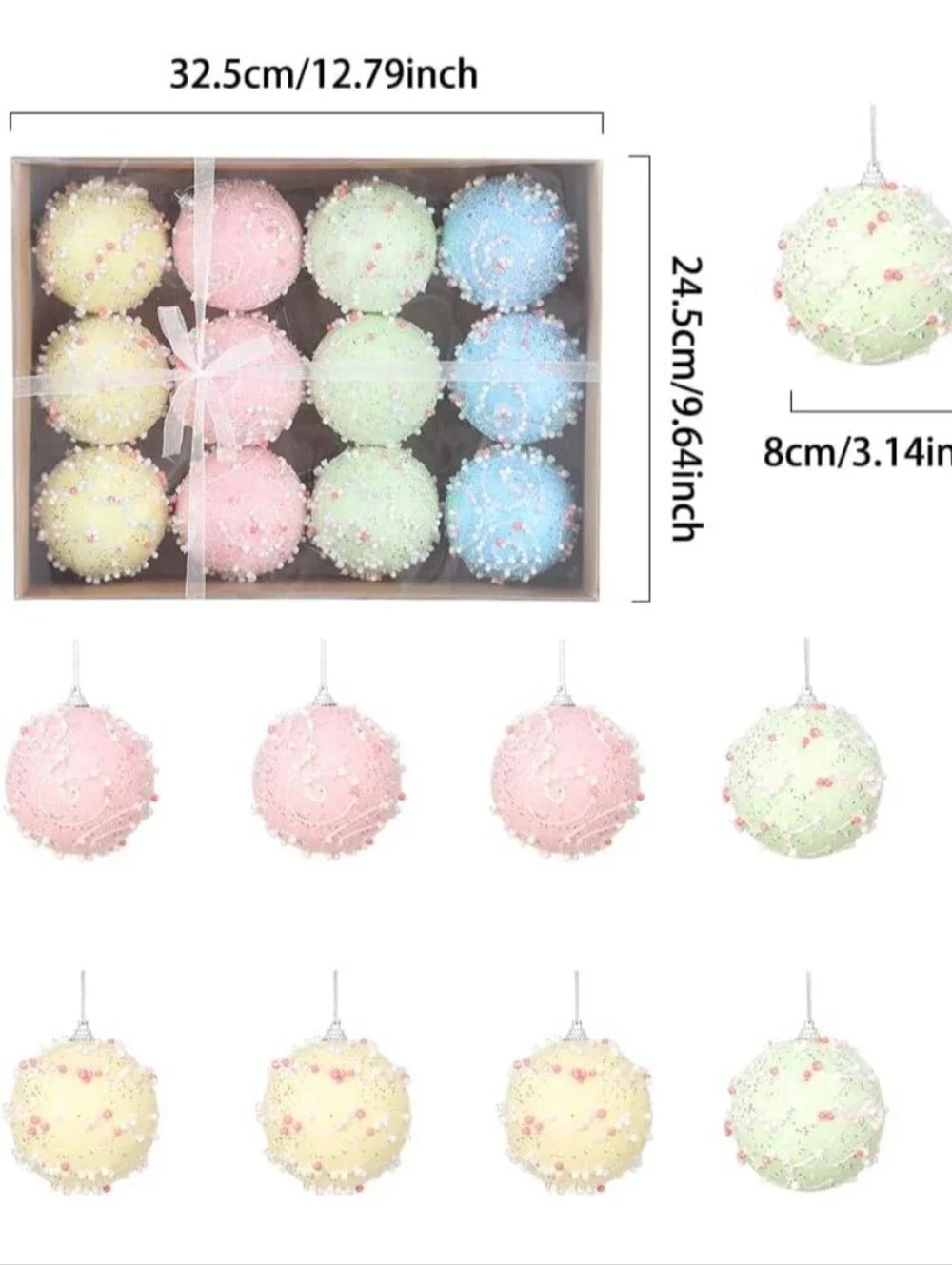 Pastel Party Ball Ornaments - Pink, Green, Blue, Yellow.  12 Count. NWT.